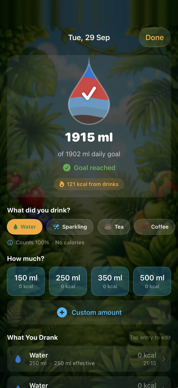The hydration screen: a dew drop, 1915 ml of a 1902 ml goal
