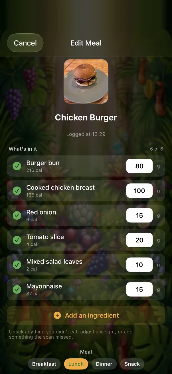 A chicken burger broken into its ingredients