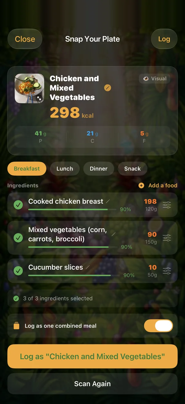 Snap Your Plate listing chicken, mixed vegetables and cucumber